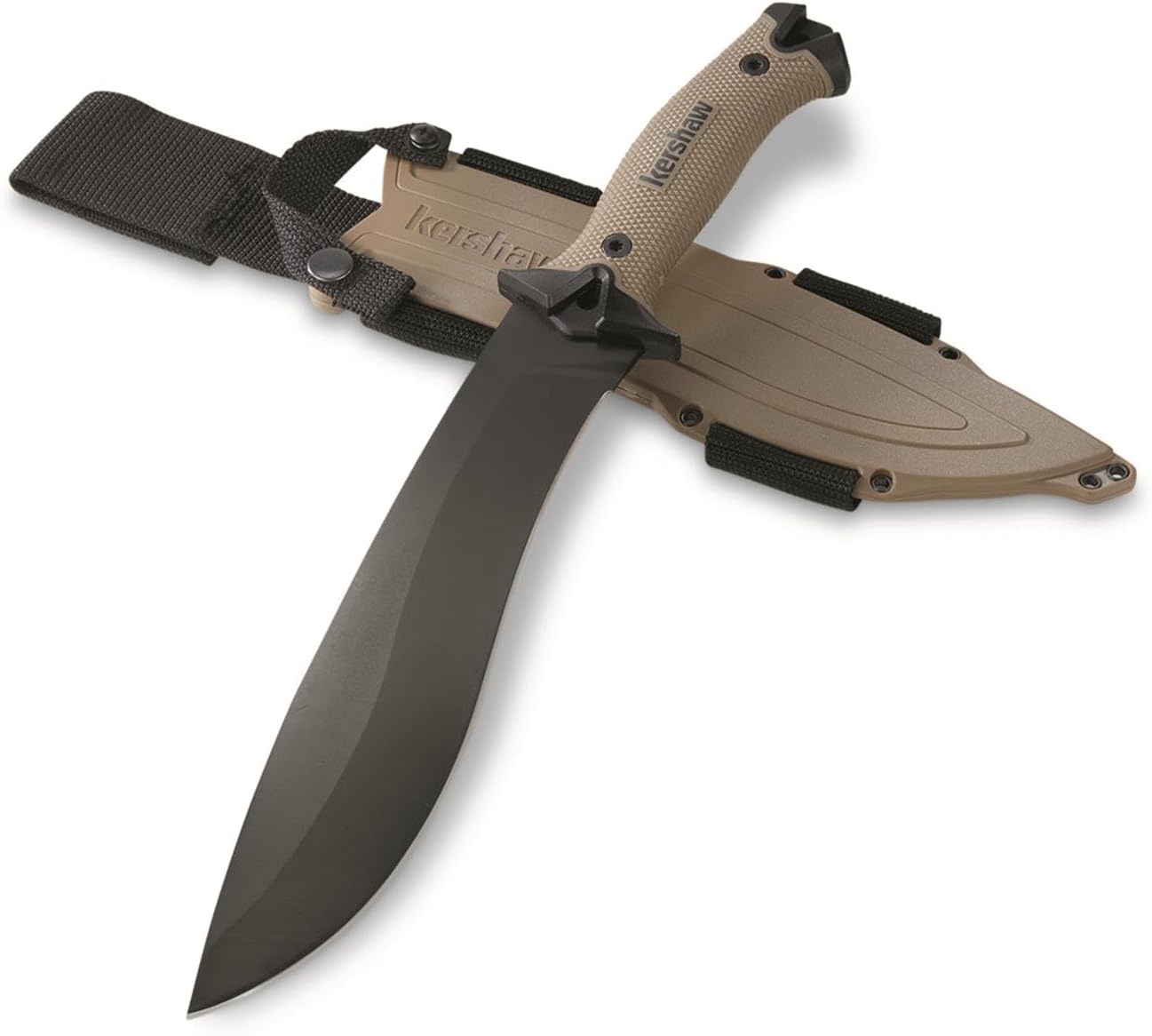 Kershaw Camp 10 Tan Machete with a 10-inch black 65Mn carbon steel blade and a tan textured rubber handle in its molded black sheath.