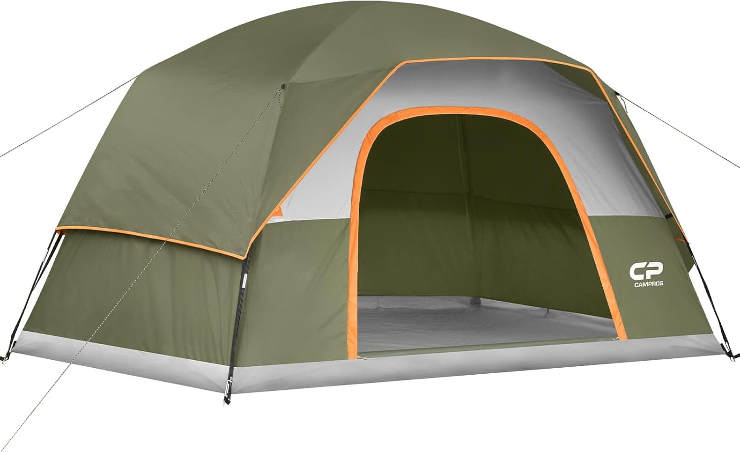 Blue and grey CAMPROS 6 person camping tent set up in a sunny clearing with the large mesh door open