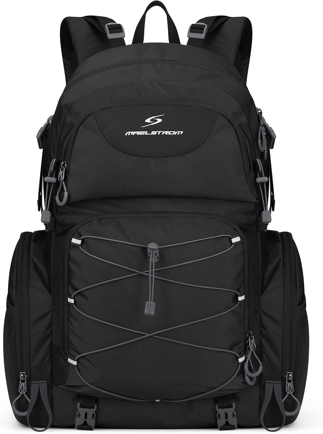 Green Maelstrom 40L Hiking Backpack shown from the front with side mesh pockets and adjustable chest straps on a white background
