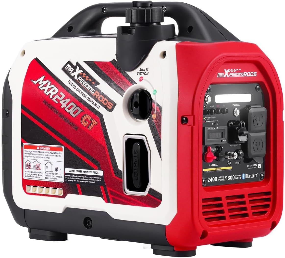 maXpeedingrods 2400 Watt Portable Inverter Generator in yellow and black showing the control panel and compact handle