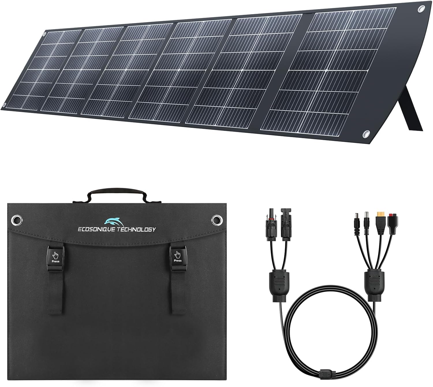 Ecosonique 200W Portable Solar Panel unfolded on a grassy field with kickstands out and a laptop charging via USB-C