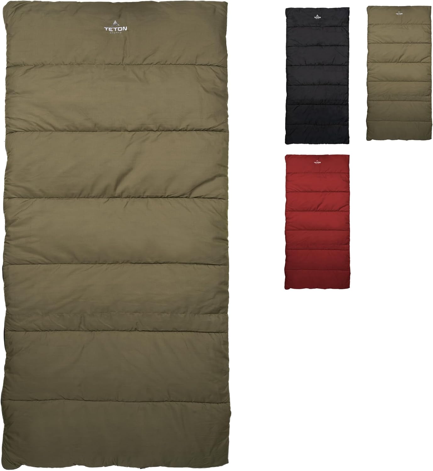 A forest-green Teton Evergreen sleeping bag spread out inside a tent, showcasing its soft brushed lining and spacious rectangular design.