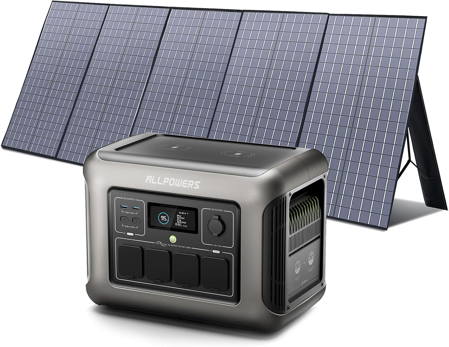 ALLPOWERS R1500 LITE Portable Power Station with foldable 400W solar panel setup in a backyard.
