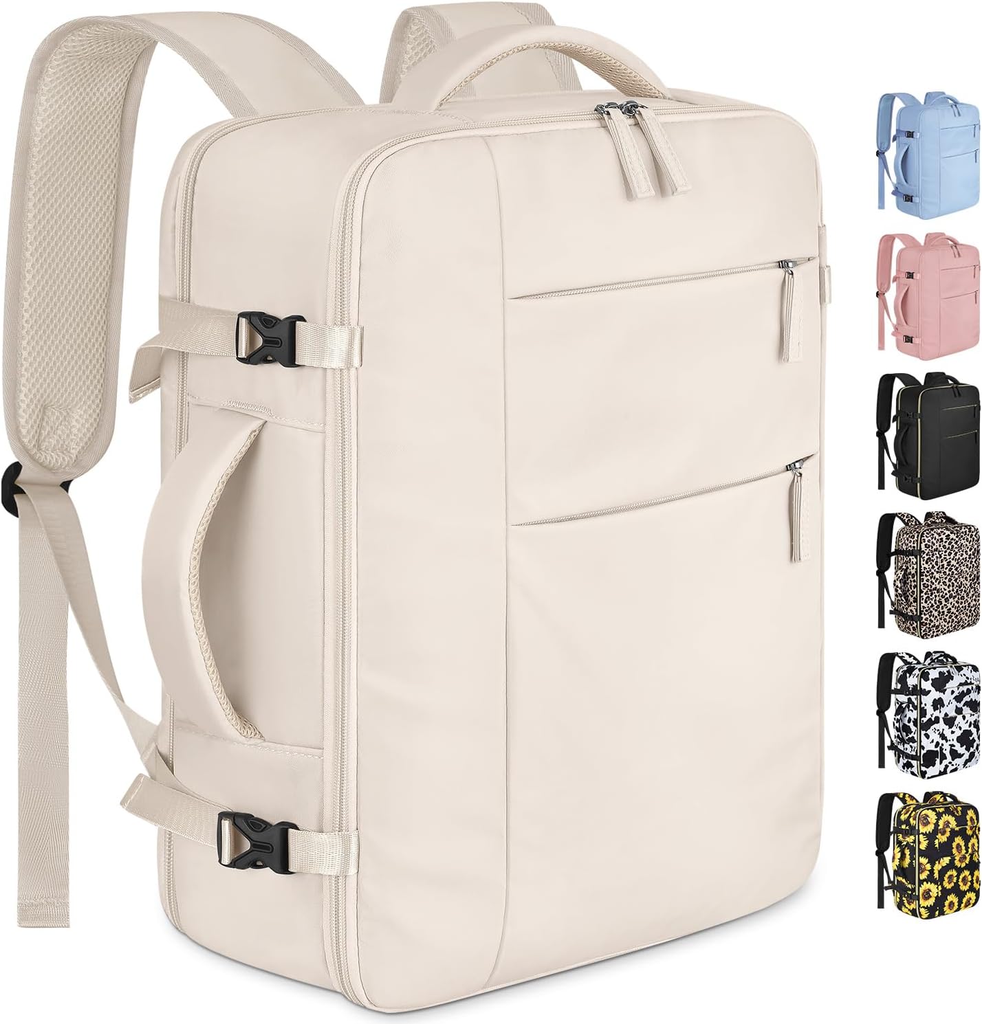 Elegant beige Capolo travel backpack for women and men featuring waterproof fabric and multiple organized compartments for a laptop and travel gear