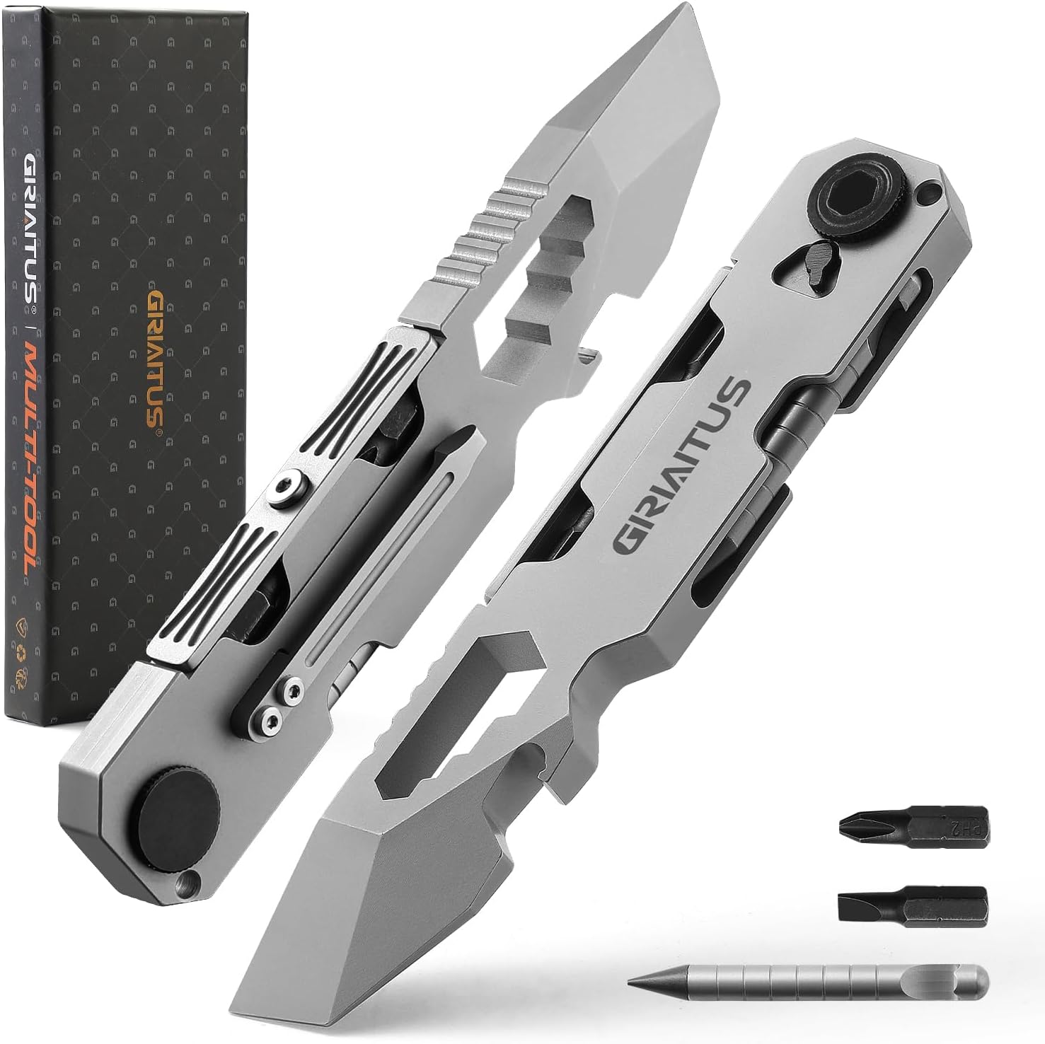 EDC Pry Bar Multitool featuring a bi-directional ratchet screwdriver, everlasting pen tip, and stainless steel pry bar edge on a grey background.