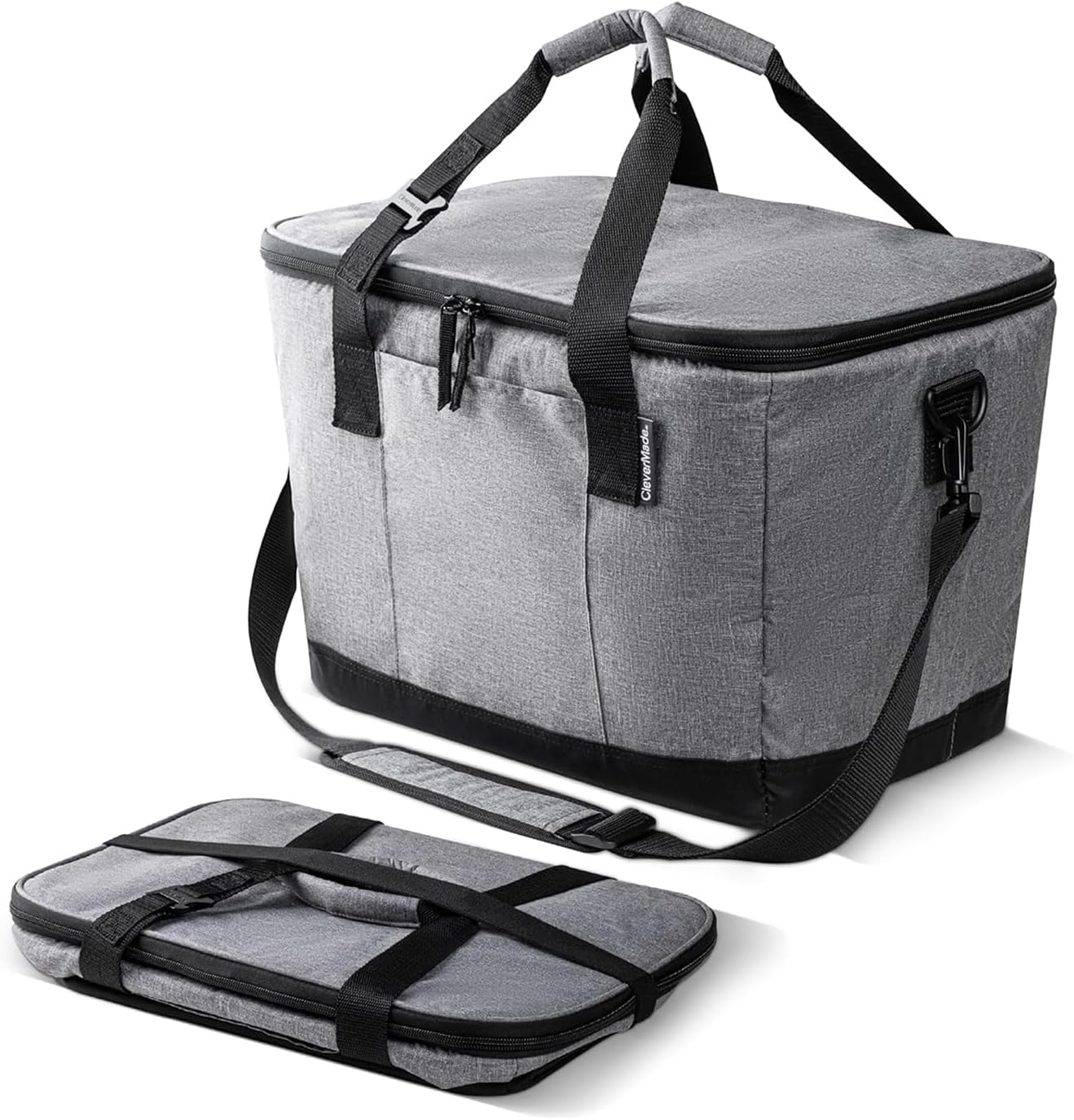A grey and blue CleverMade collapsible cooler bag being snapped open, showing its rigid internal frame and insulated silver lining.