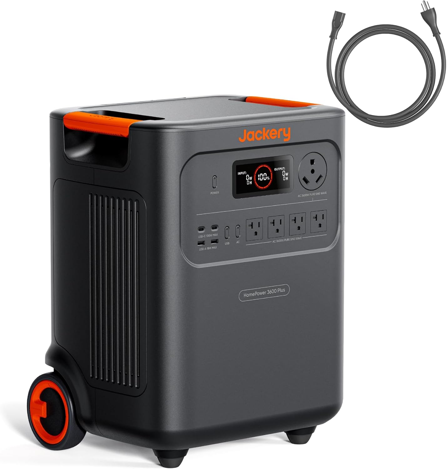 Jackery HomePower 3600 Plus portable power station with orange accents on wheels with an AC charging cable connected