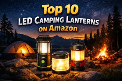 Glowing LED camping lanterns on a twilight campsite with a tent, campfire, and mountains in the background, representing the top 10 LED camping lanterns on Amazon.