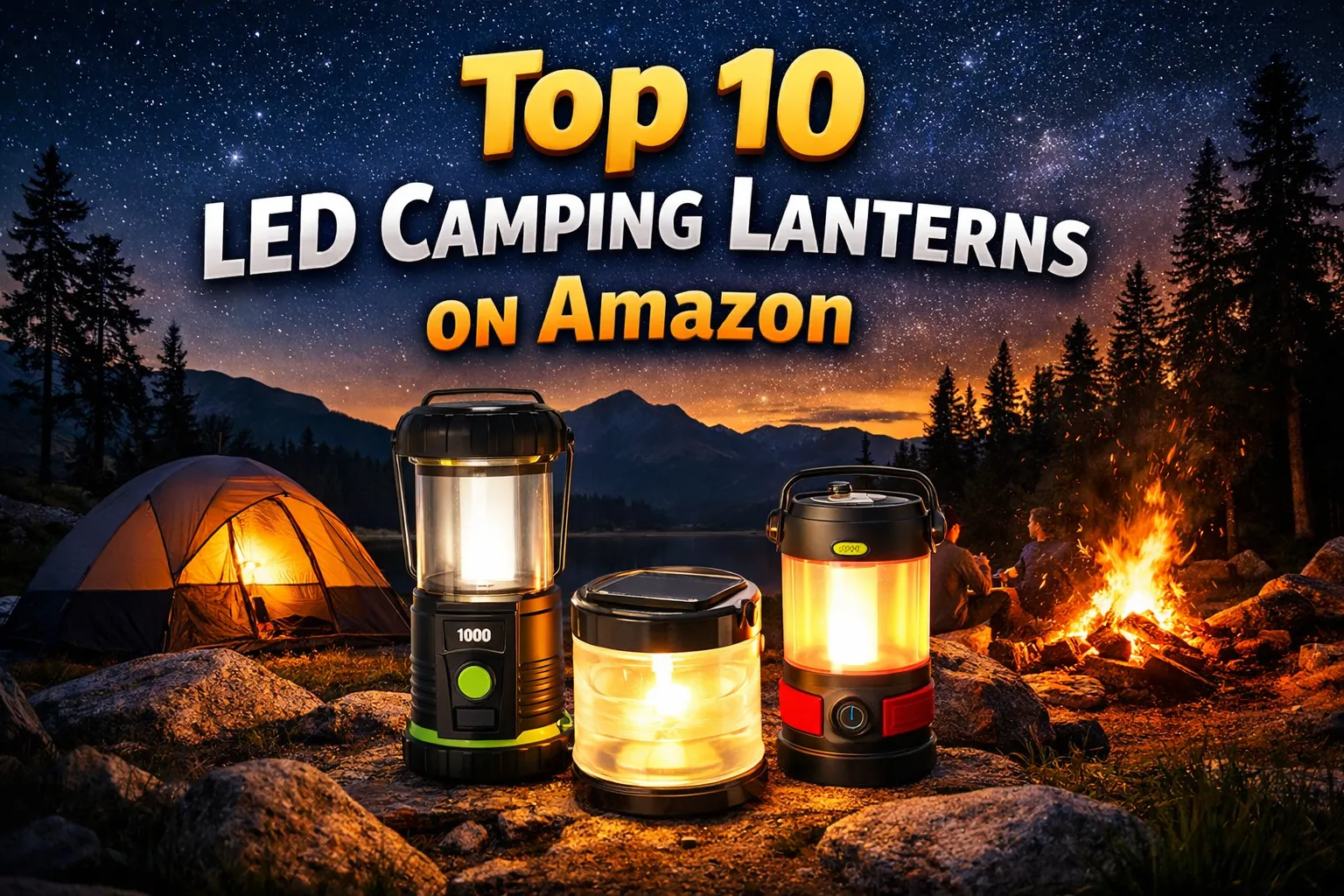 Glowing LED camping lanterns on a twilight campsite with a tent, campfire, and mountains in the background, representing the top 10 LED camping lanterns on Amazon.