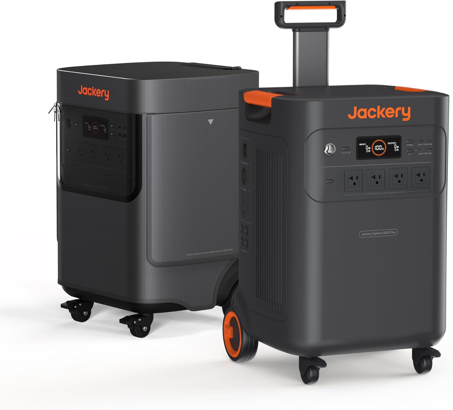 Jackery Solar Generator 5000 Plus power station with protective cover sitting on a patio next to a plugged-in outdoor grill.