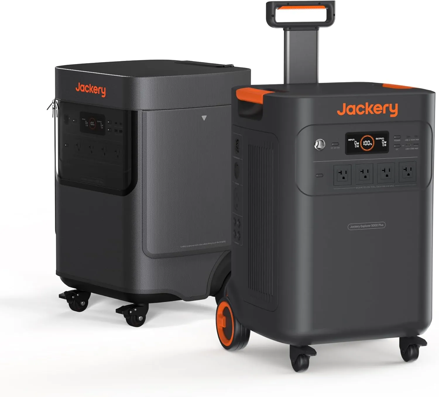 Jackery Solar Generator 5000 Plus power station with protective cover sitting on a patio next to a plugged-in outdoor grill.