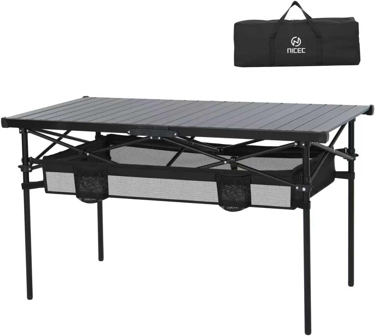 Nice C portable folding camping table in black with aluminum roll-up top and mesh storage net set up in a forest