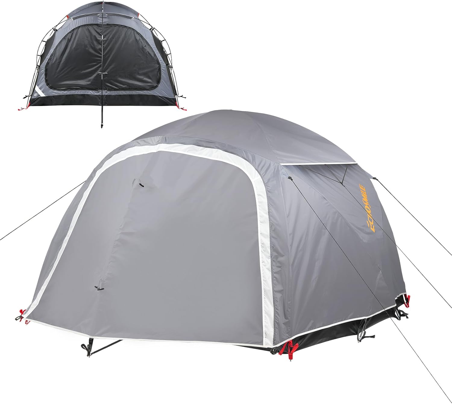 Grey EchoSmile 3-5 person camping tent set up in a forest clearing with its expandable vestibule showing storage for hiking boots