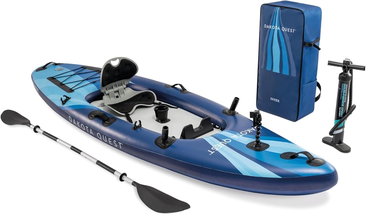 Intex 68245EP Dakota Quest Inflatable Kayak being inflated next to a camper van with solar panels.
