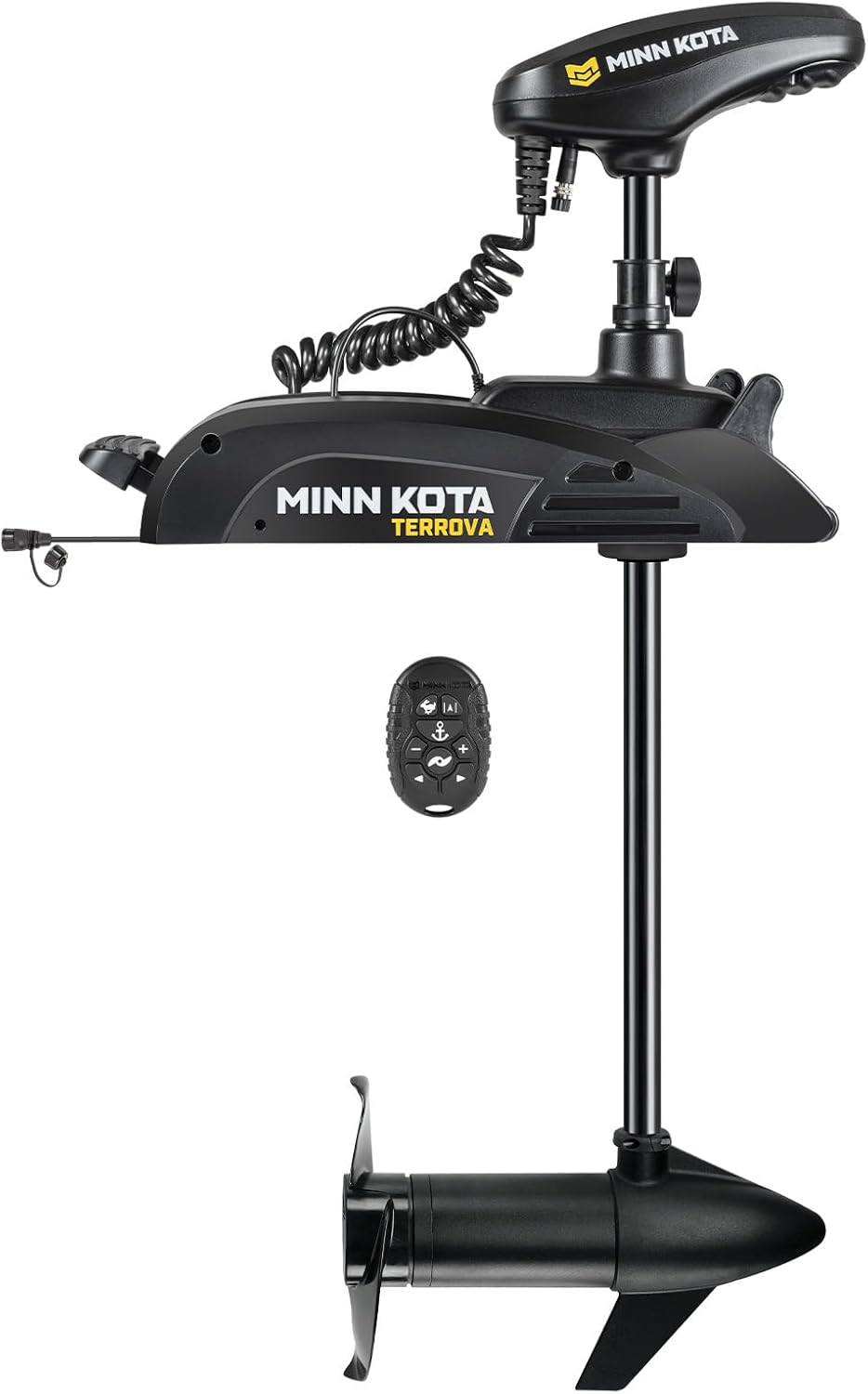 Minn Kota Kayak Terrova Bow-Mount Electric Trolling Motor with GPS and 36 inch shaft installed on a fishing kayak.