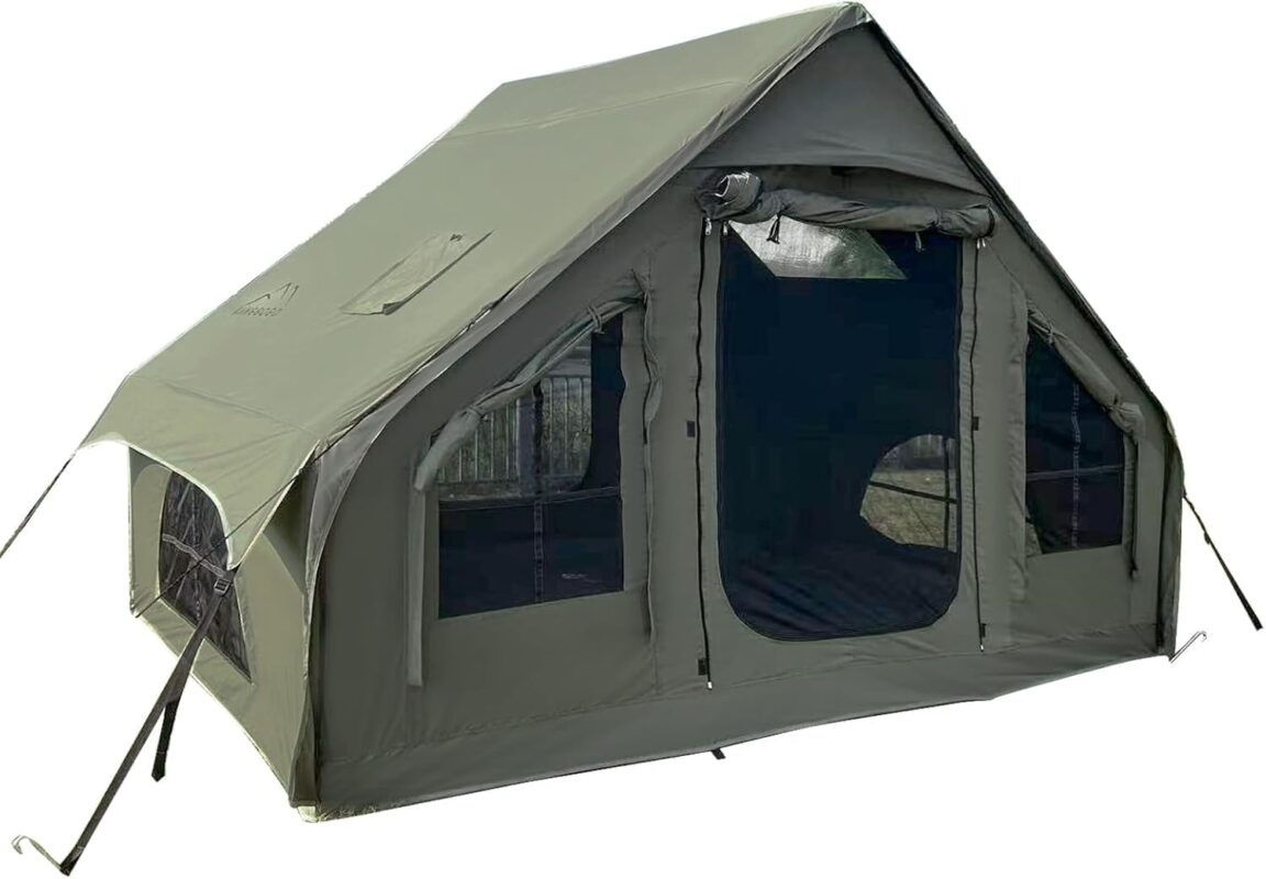 Green GOTENTIFY inflatable cotton camping tent for 2-4 people with large skylight and air beam columns set up in a forest clearing.