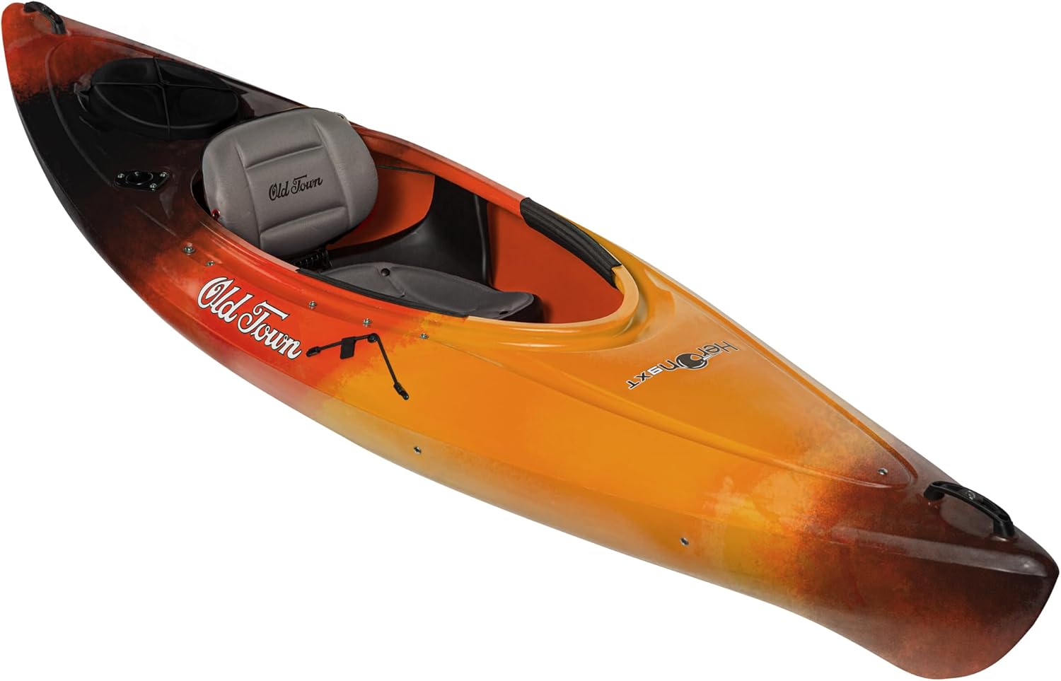 Old Town Heron 9XT Solo Sit-Inside Recreational Kayak in a bright color on the water near a camping site.