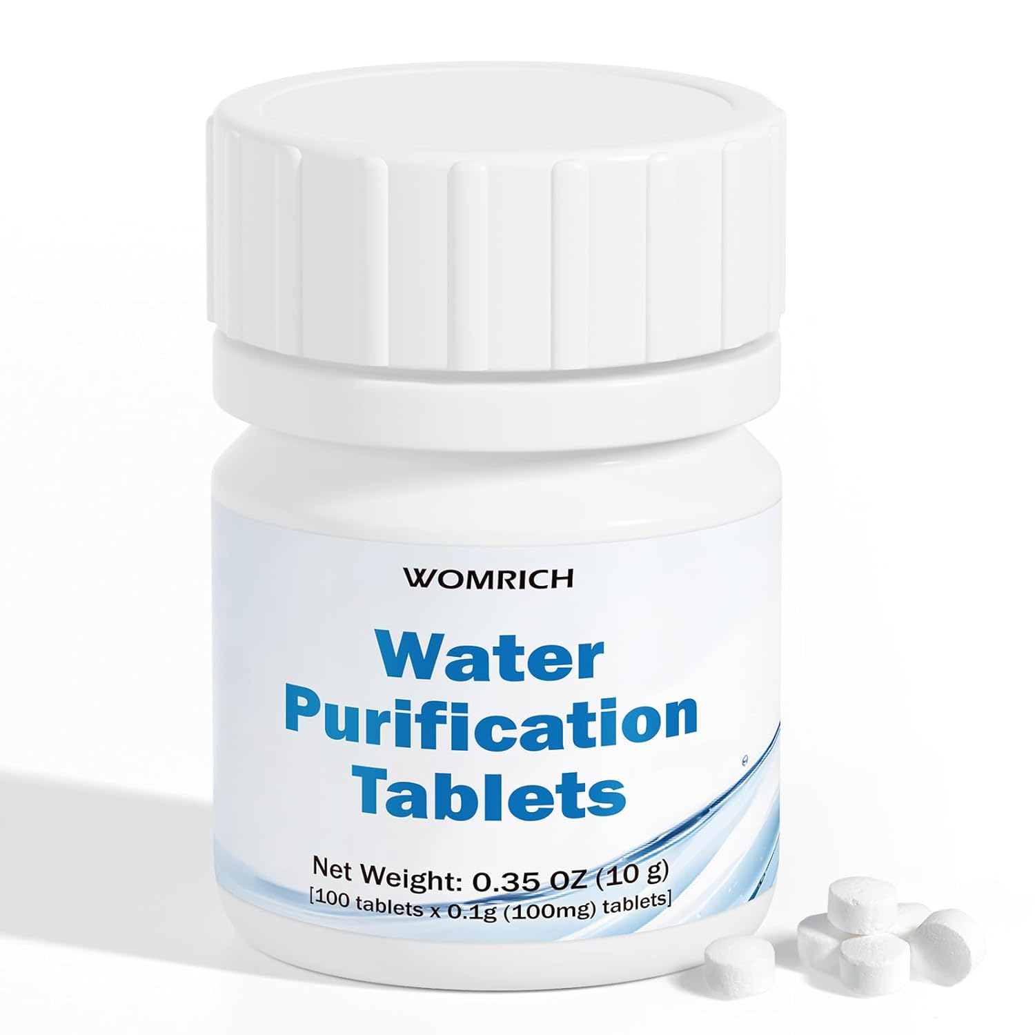 A small white bottle of 100 count water purification tablets held by a hiker with a clear water bottle in the background.