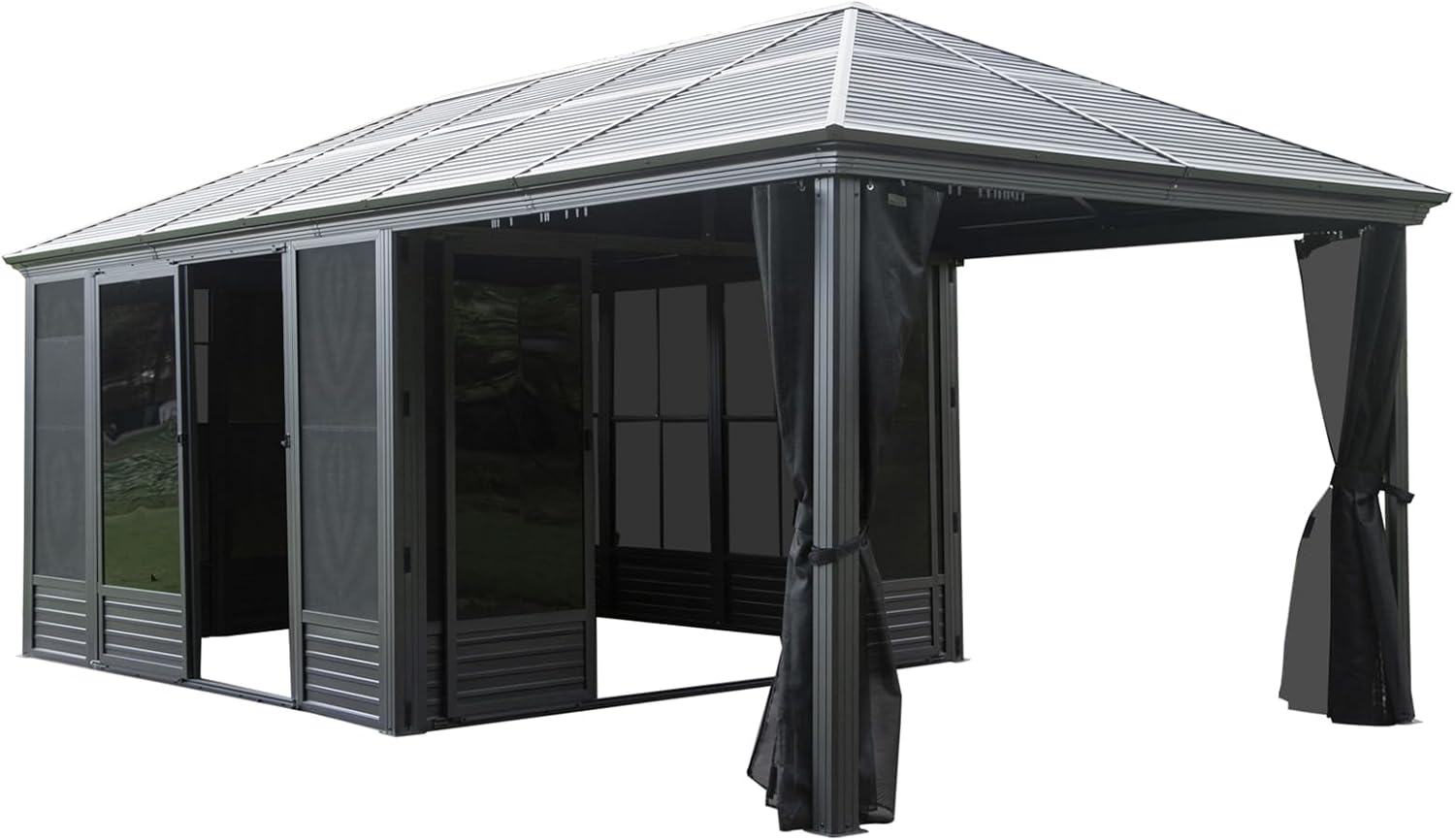 11x21ft Hardtop Gazebo with lockable sliding doors and polycarbonate roof set up as a backyard solarium for gear prep.