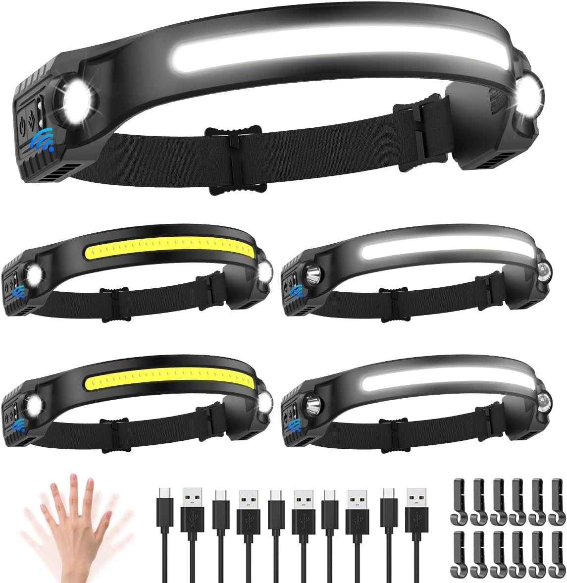 A set of 5 black rechargeable LED headlamps laid out, each showing the 230 degree wide COB light strip and dual spotlights.