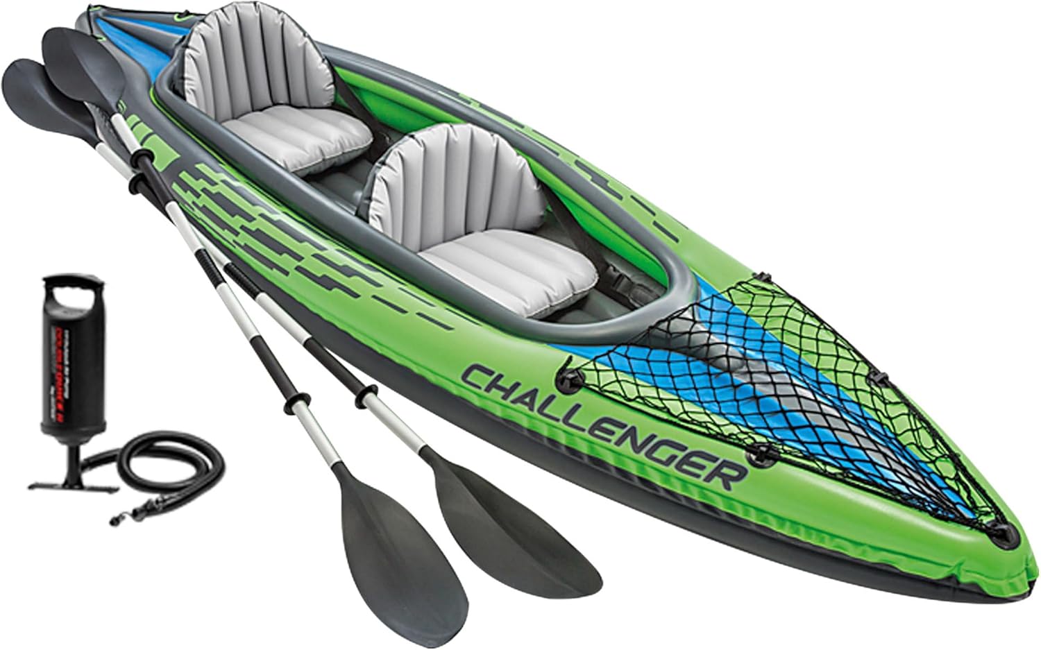 Intex Challenger Inflatable Kayak with aluminum paddles and high-output pump displayed on a lake shore next to a camping tent.