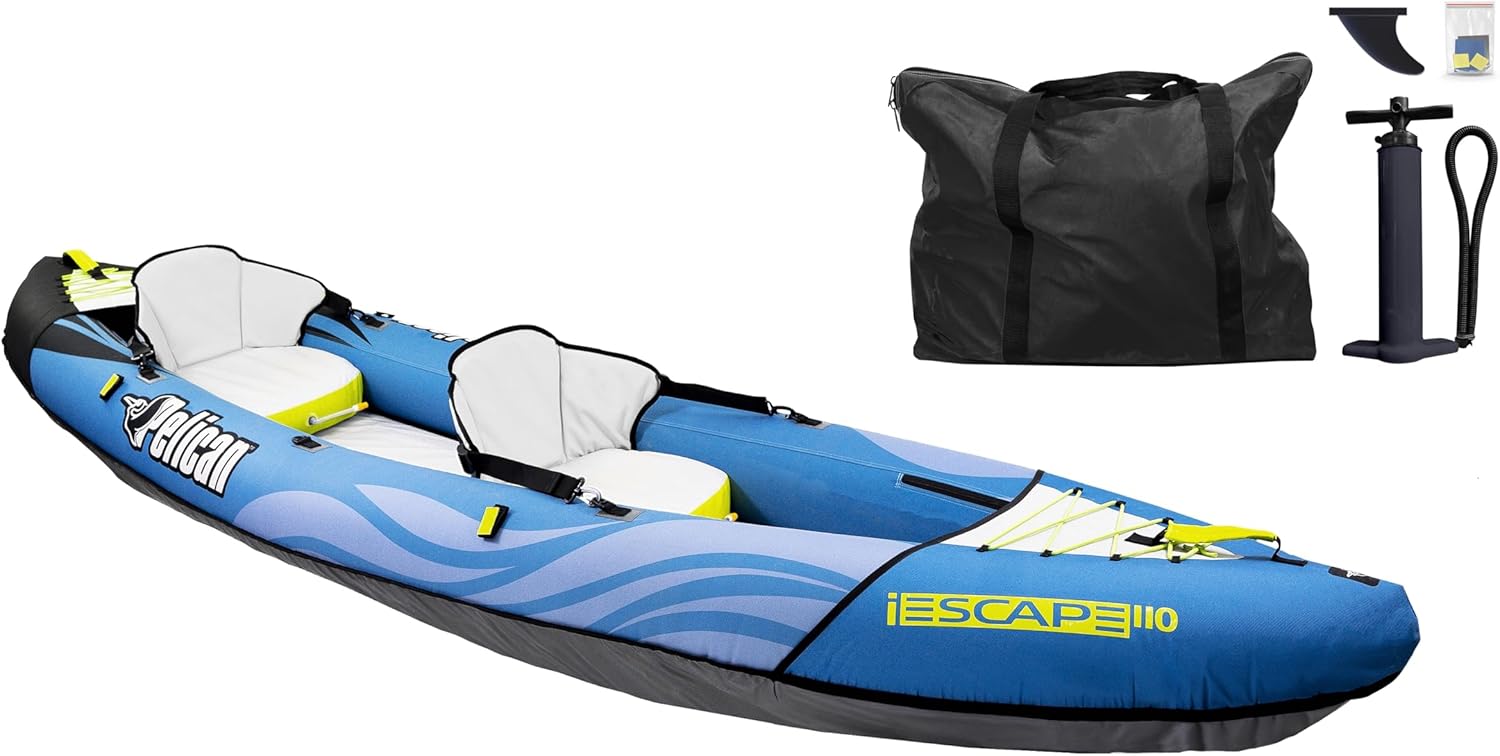 Pelican iESCAPE inflatable tandem kayak on a scenic lake next to a camper van with solar panels.