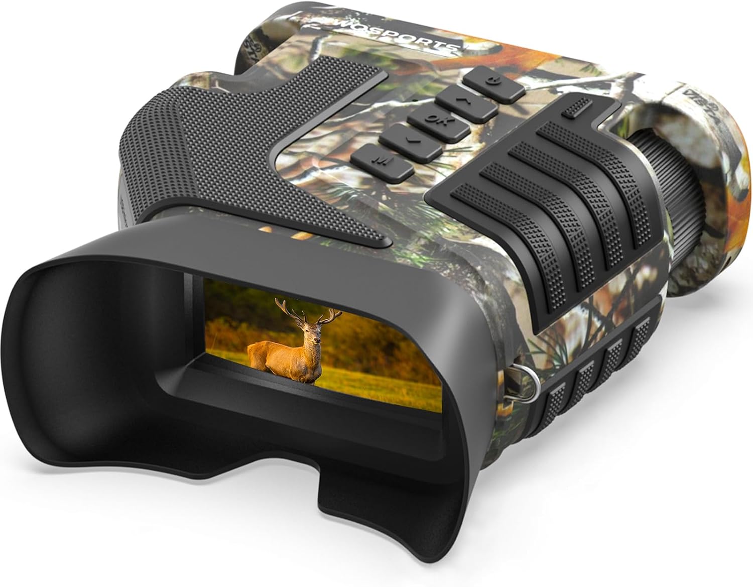 WOSPORTS 4K Night Vision Goggles being used by a camper at night to spot wildlife in a dark forest.