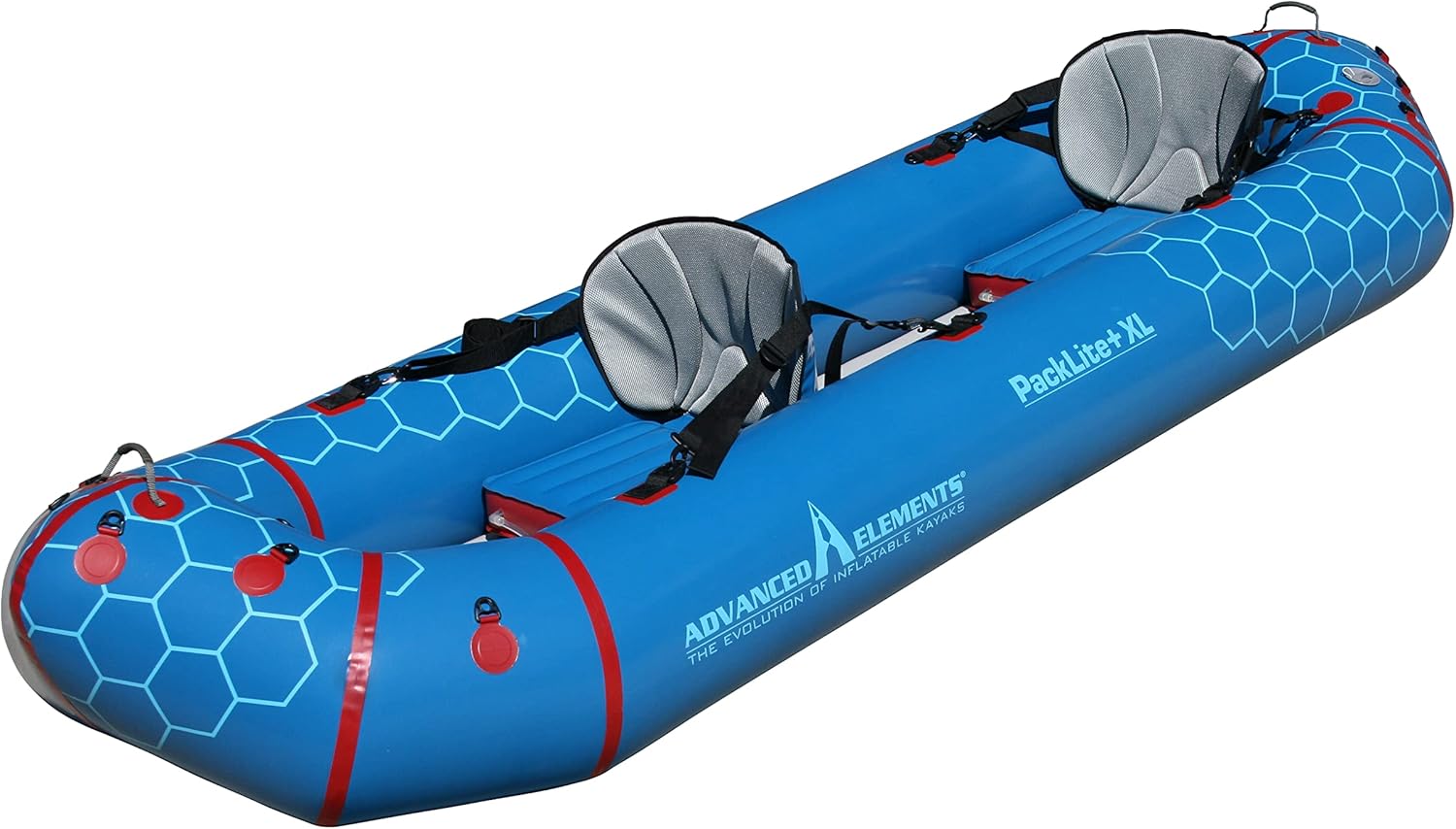 Advanced Elements PackLite+ ultralight packraft inflated on a lake shore next to a backpack and solar camping gear.