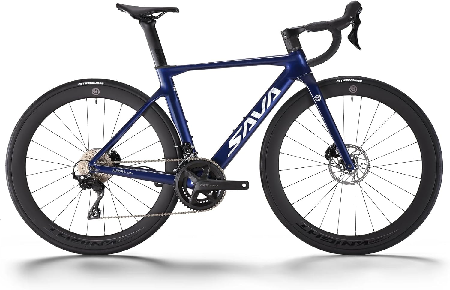 Black SAVADECK carbon fiber road bike with 50mm carbon wheels and Shimano 105 groupset on a scenic road