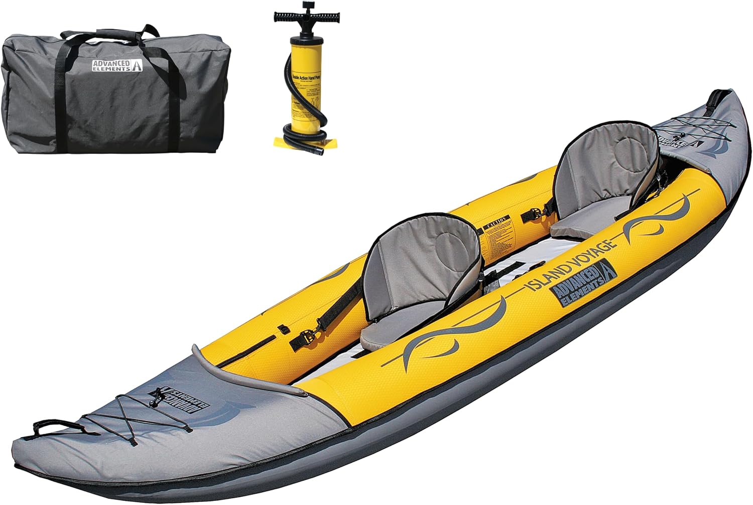 Advanced Elements Island Voyage 2 bright yellow inflatable kayak floating on a calm lake near a camper van.