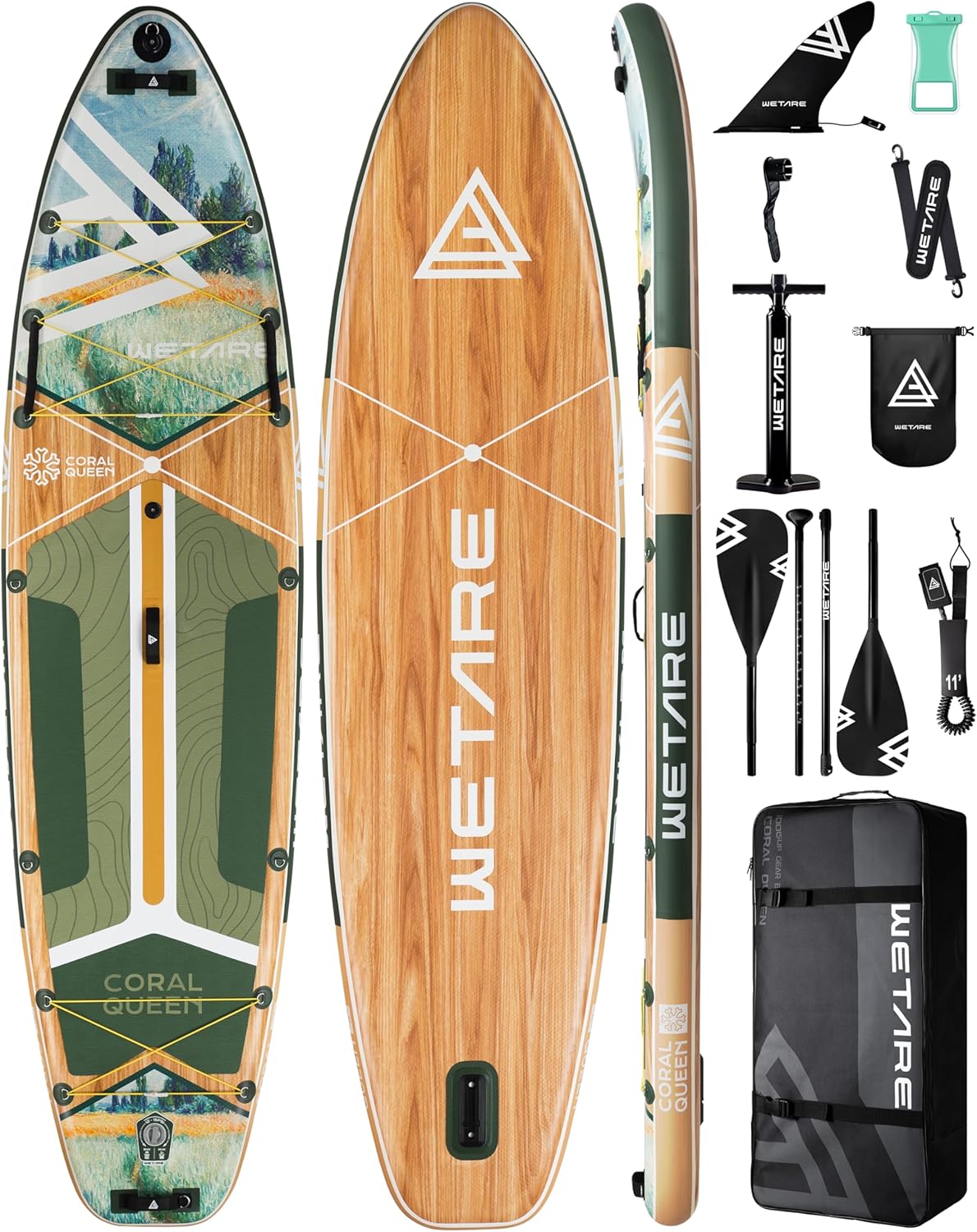 Wide WETARE inflatable paddle board floating on a calm lake with a camping setup in the background.