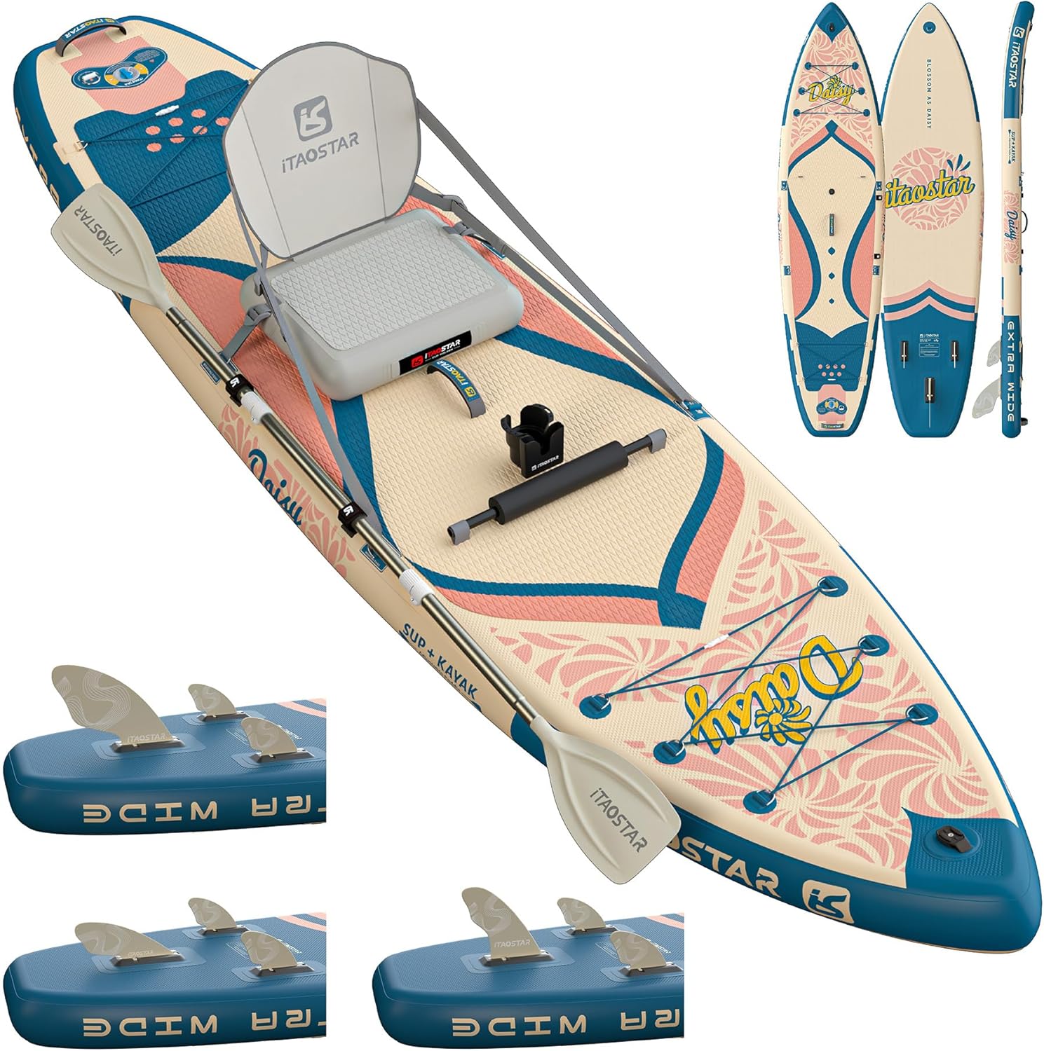 A pink and white iTAOSTAR Daisy 11'6" inflatable paddle board with a kayak seat attached, floating on a calm lake near a camping van.