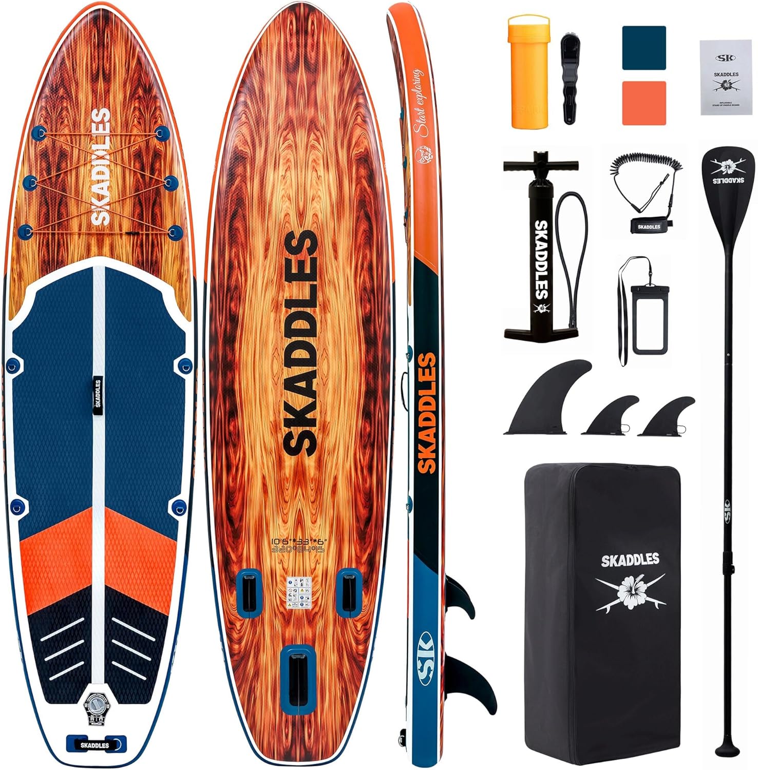 SKADDLES 10’6’’ Inflatable Stand Up Paddle Board in teal and white with non-slip deck, resting on a calm lake with a camping van in the background.