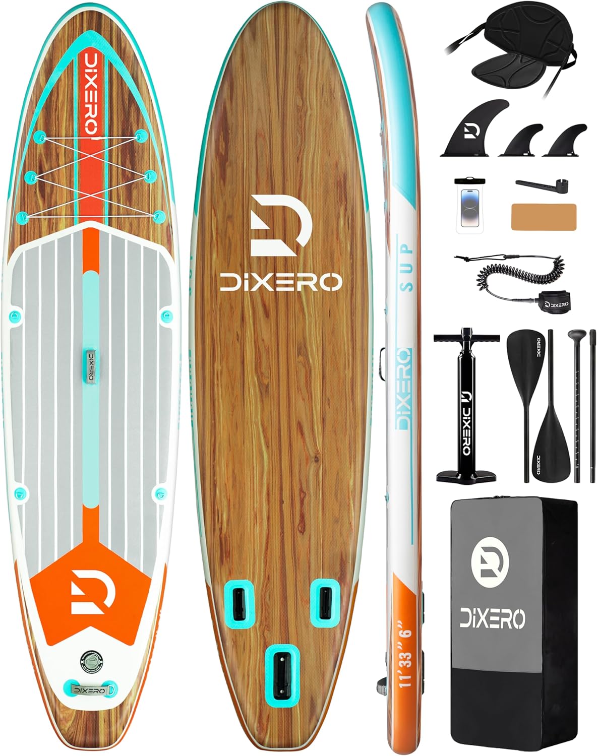 The Dixero 11 foot inflatable paddle board with accessories and backpack displayed on a lake shore next to a camper van.