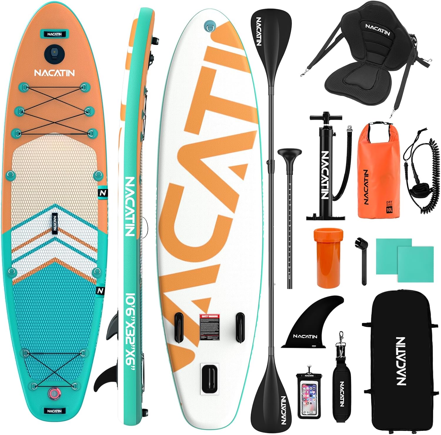 The NACATIN 10'6" inflatable paddle board set up with the kayak seat and dual-blade paddle on a calm river shore.