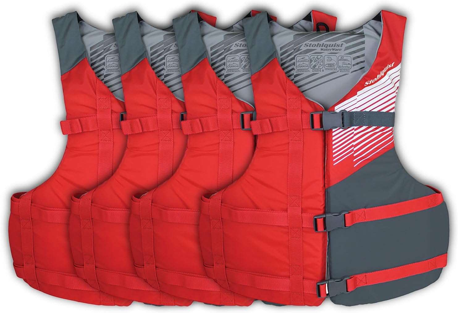 Stohlquist Universal Fit Adult Life Jacket 4-Pack in blue and black, stacked neatly for boat storage.