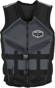 O'Brien Men's Recon Life Jacket in Red and Black, featuring a sleek neoprene design and heavy-duty front zipper.