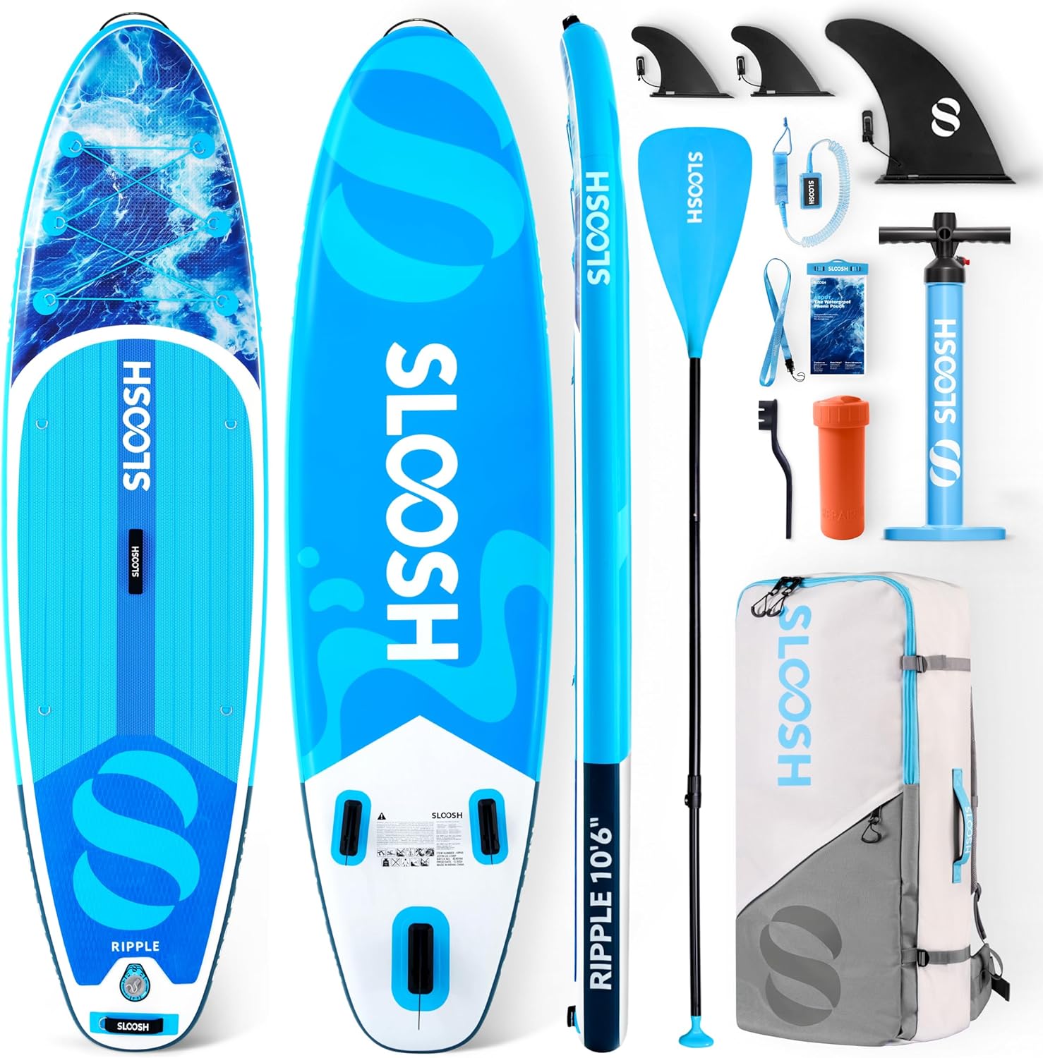 SLOOSH Inflatable Stand Up Paddle Board 10'6" with accessories on a calm lake near a camper van.