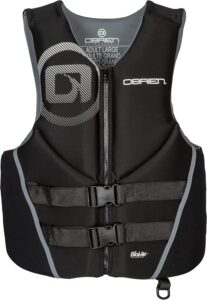 O'Brien Men's Traditional Neoprene Life Jacket in black and grey, featuring the dual belt system and front zipper.